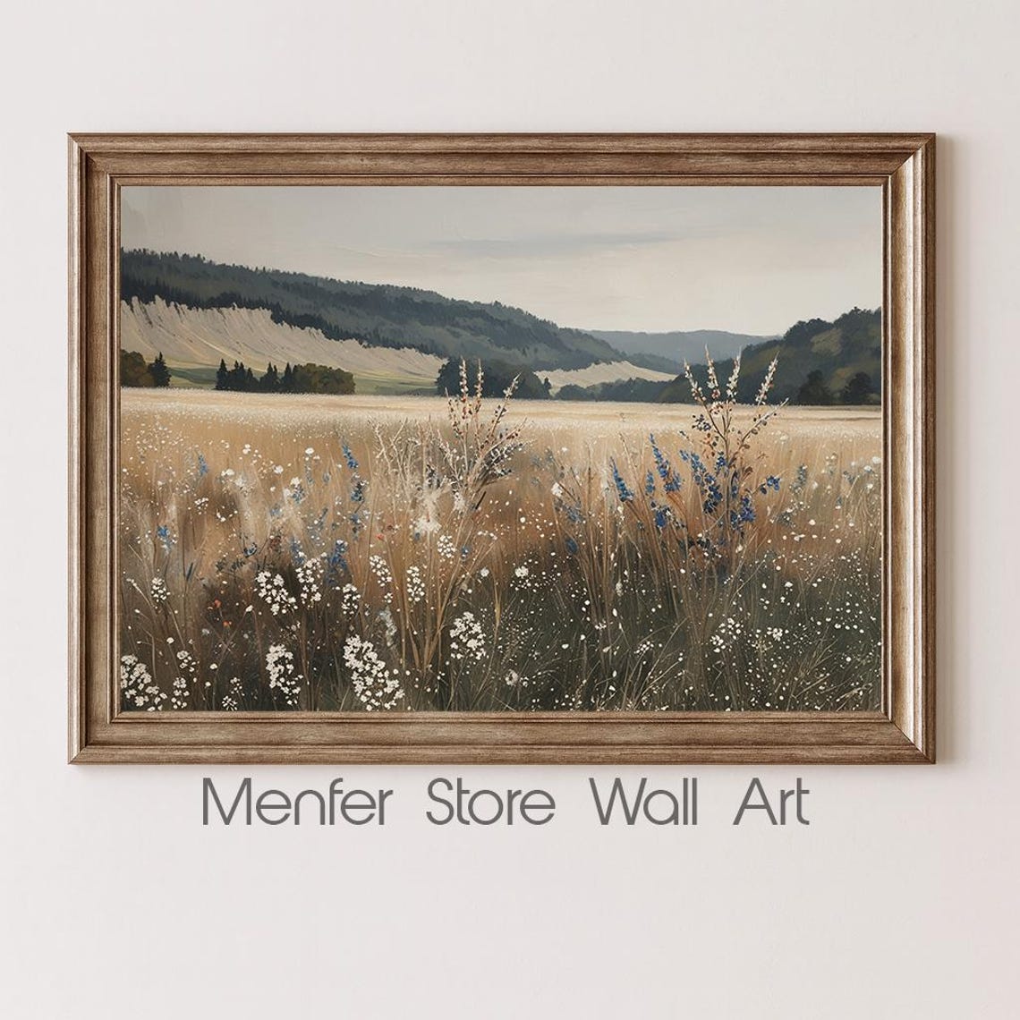 Golden Meadow Wildflowers Rolling Hills Vintage Countryside Wall Art