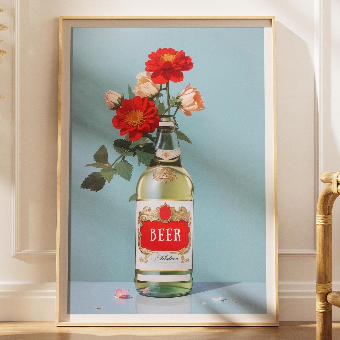 Vintage Beer Bottle Floral Print Retro Cafe Wall Decor Digital Download