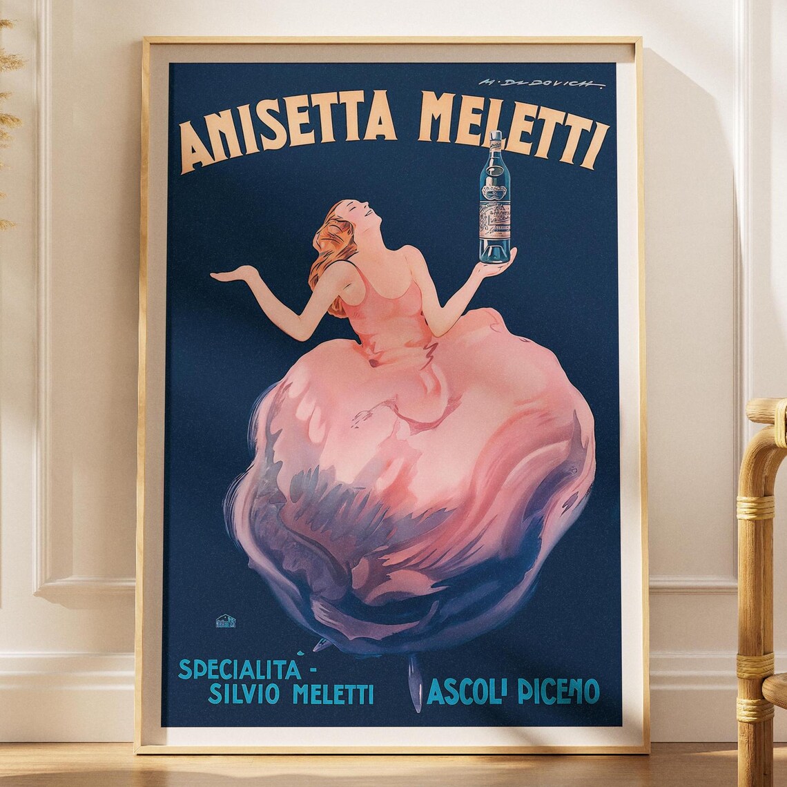Anisetta Meletti Vintage Italian Liqueur Ad Woman Pink Dress Navy Poster Art