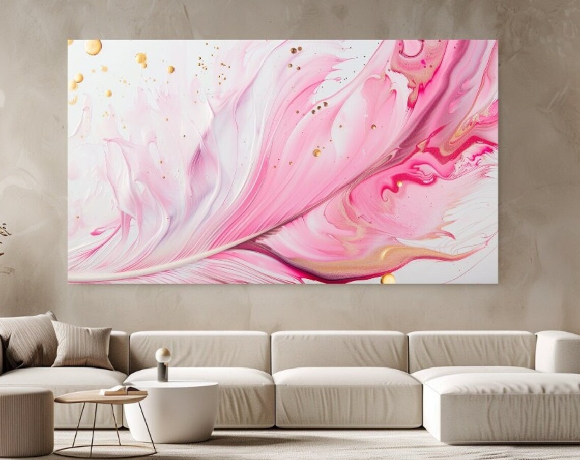 Pink Feather Abstract Art Gold Speckles Soft Pastel Modern Poster