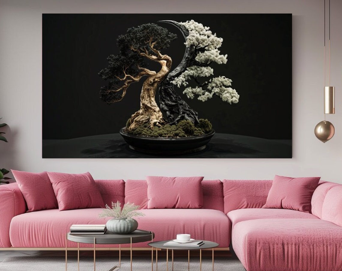 Striking Yin Yang Bonsai Tree Pair Black White Botanical Print
