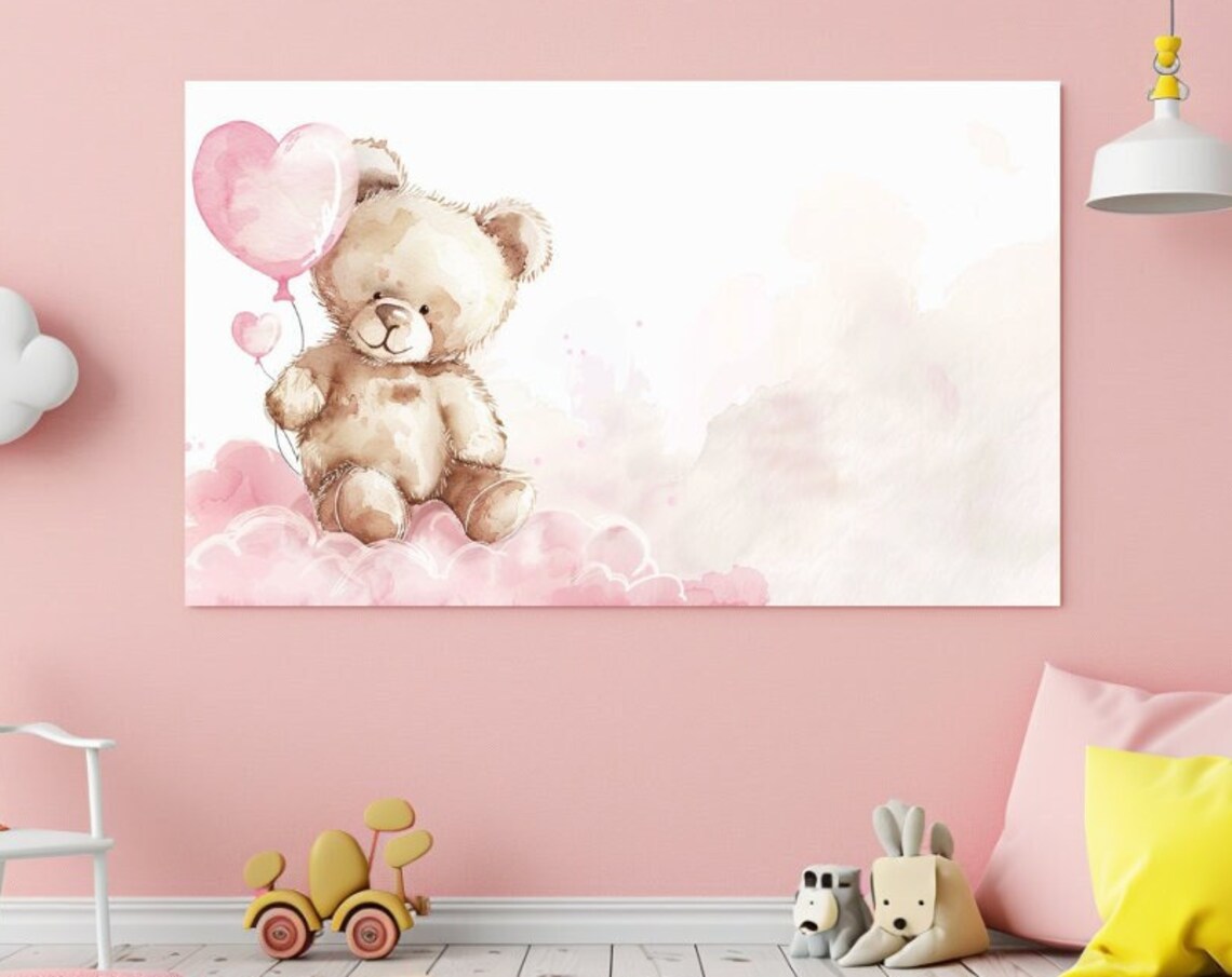 Baby Teddy Bear Holding Pink Heart Balloon Nursery Decor Wall Art