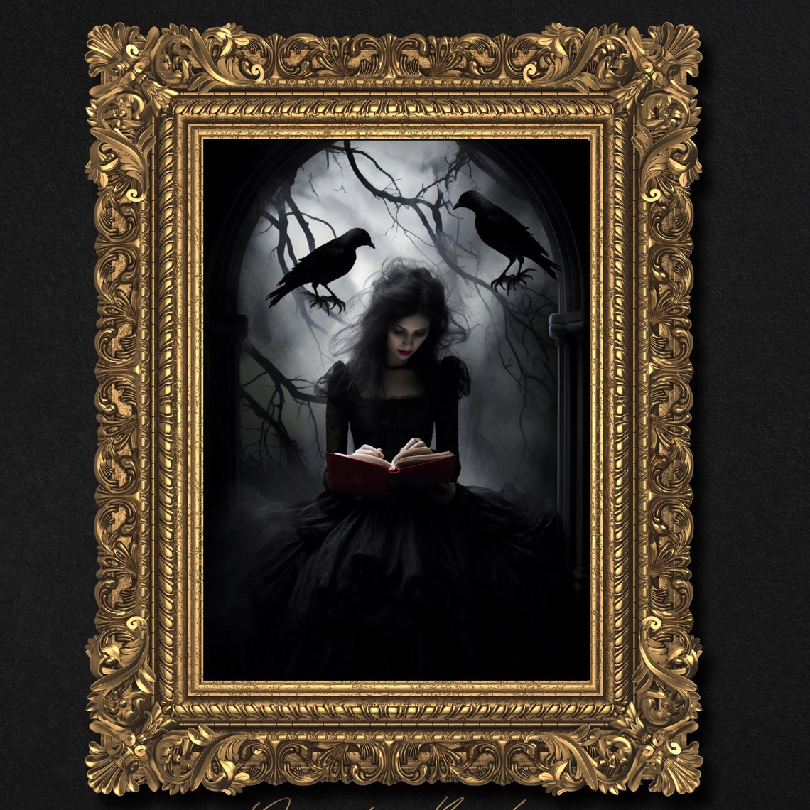 Gothic Woman Reading Book Crows Victorian Dark Romance Print