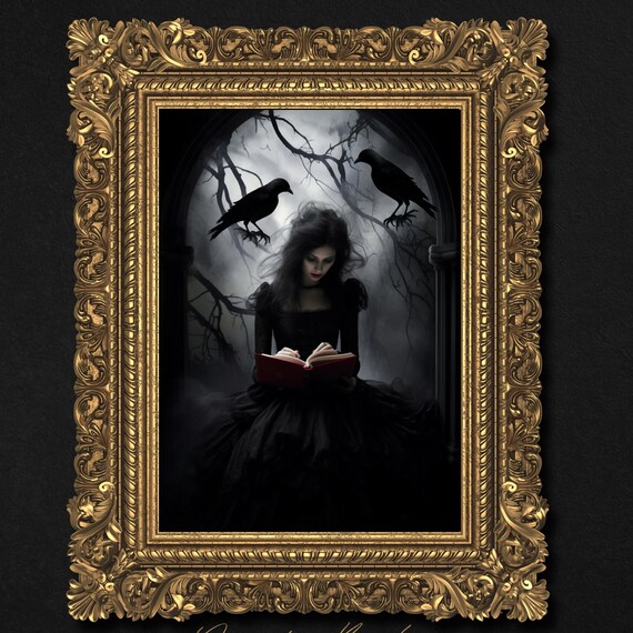 Gothic Woman Reading Book Crows Victorian Dark Romance Print