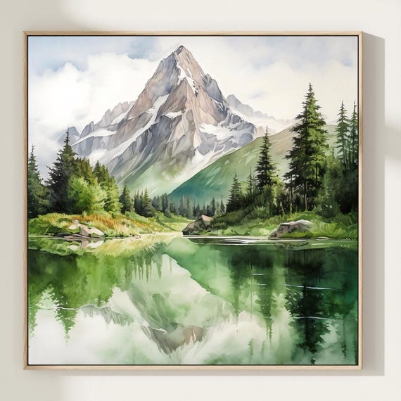Mountain Lake Watercolor Landscape Pine Tree Wall Art Green Art Print Pine Forest Painting Square Wall Decor