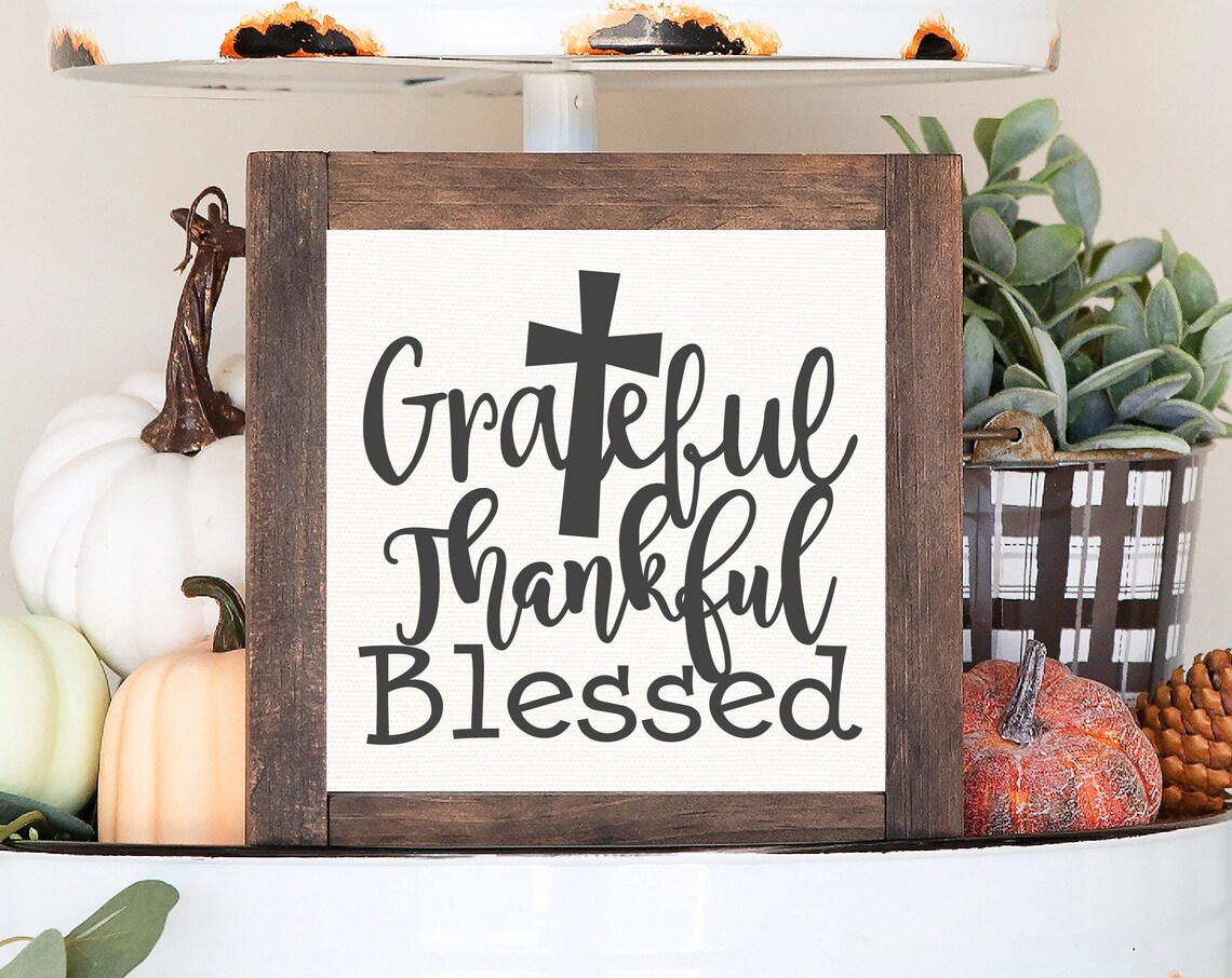 Grateful Thankful Blessed Cross Farmhouse Fall Sign Wood Poster