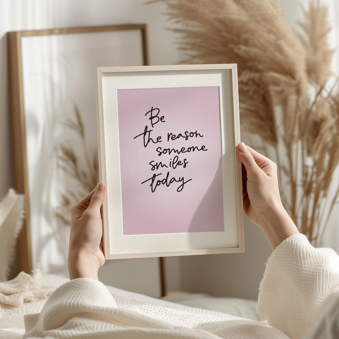 Be The Reason Someone Smiles Today Pink Script Quote Wall Art