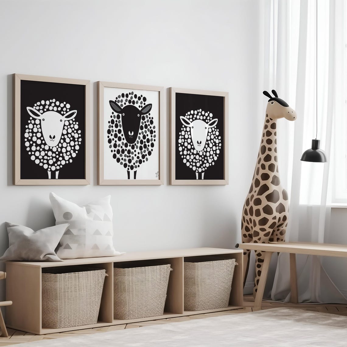 Monochrome Sheep Dotted Wool Black Background Nursery Wall Art - Image 2