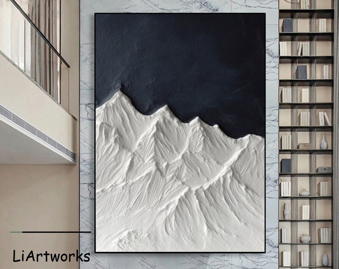 White Mountain Peaks Against Black Sky 3D Textured Art Poster