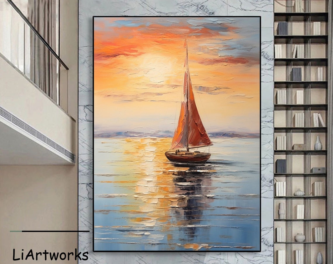 Sailboat At Sunset Orange Sails Textured Seascape Painting Poster