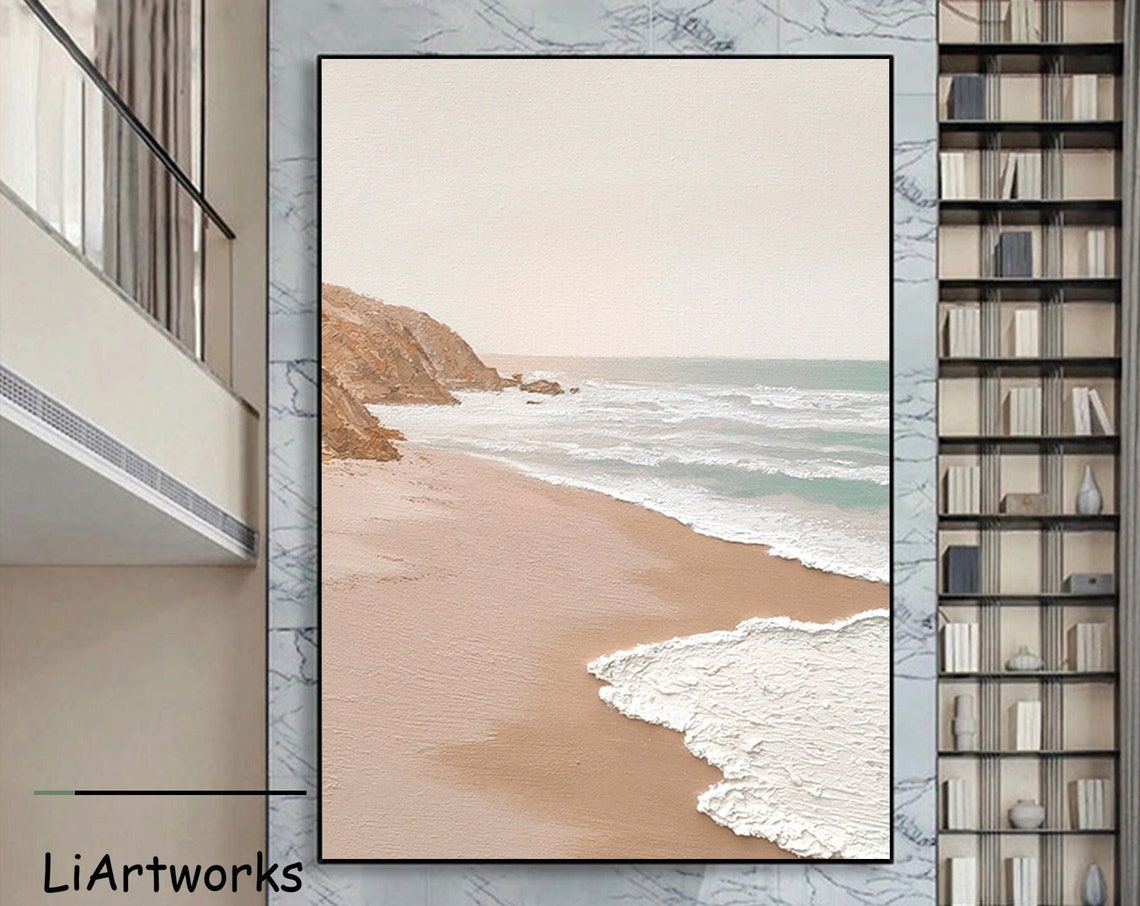 Minimalist Sandy Beach with Rocky Cliffs and Foam Waves Ocean Poster
