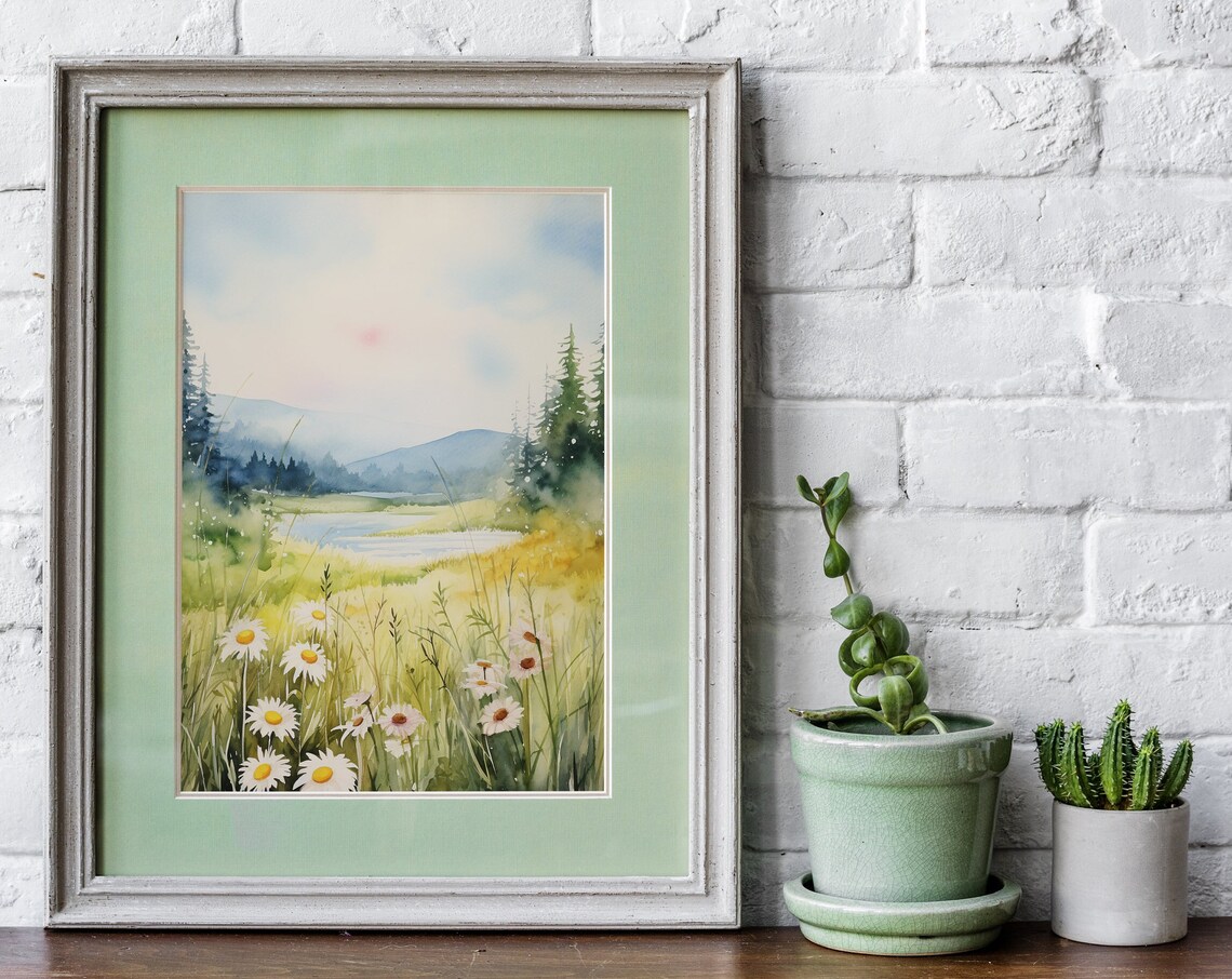 White Daisy Field Watercolor Meadow Lake Wildflowers Art Poster - Image 5