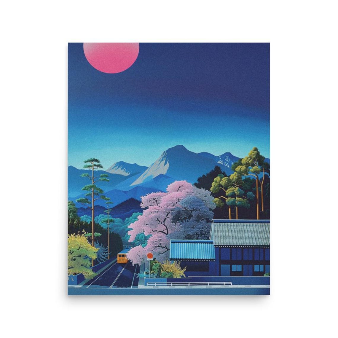Japanese Night Street Cherry Blossom Red Moon Train Art Poster