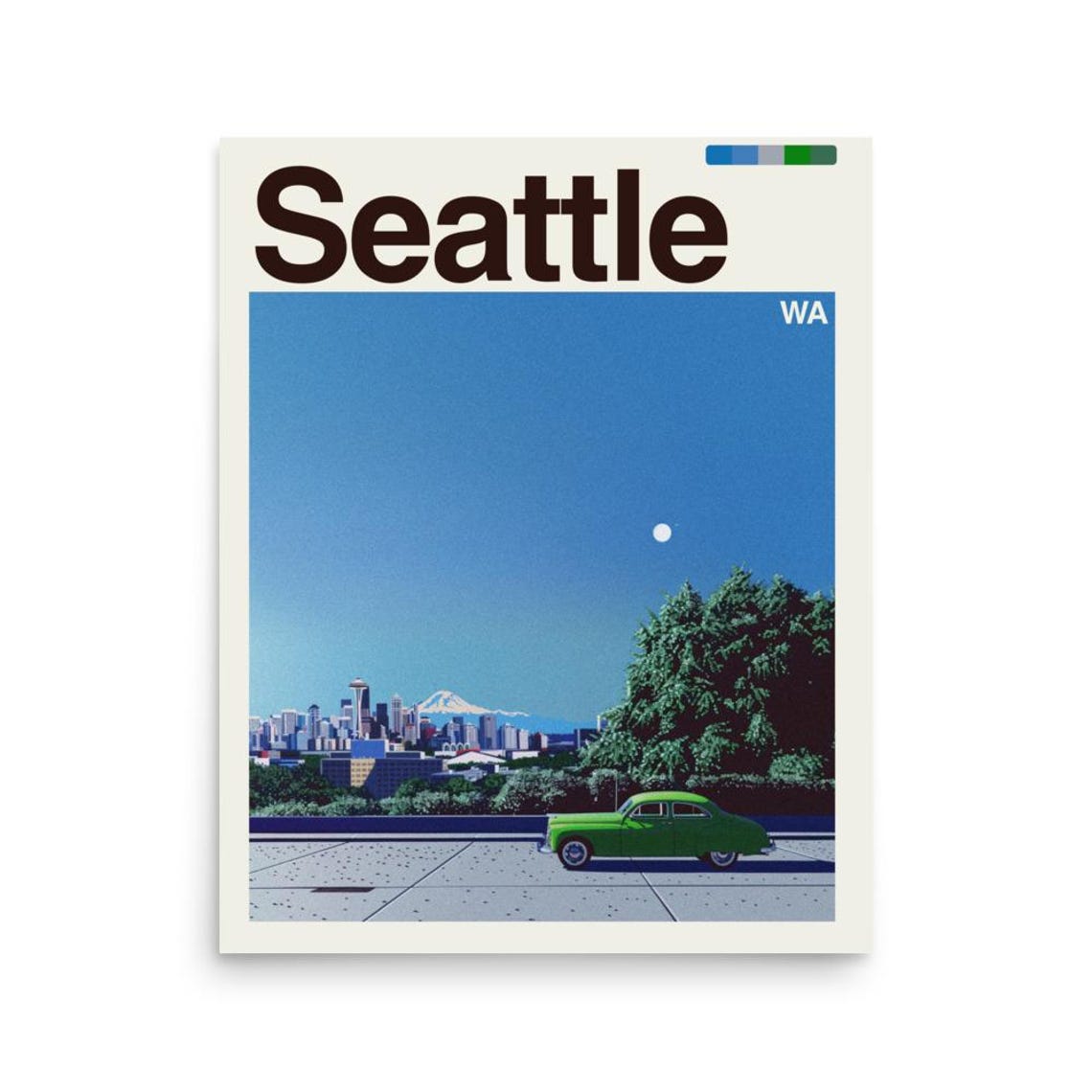 Seattle Washington Space Needle Mount Rainier Green Classic Car Poster