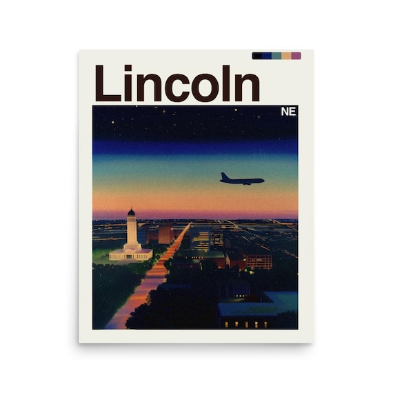 Lincoln Nebraska Sunset Skyline Airplane Minimalist Travel Poster