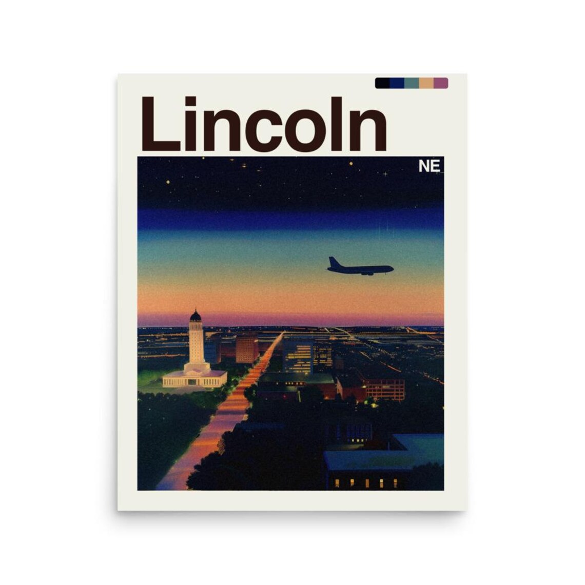 Lincoln Nebraska Sunset Skyline Airplane Minimalist Travel Poster