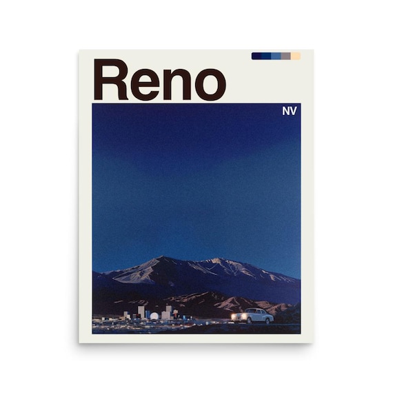 Reno Nevada Night Desert Mountains Classic Car Travel Poster