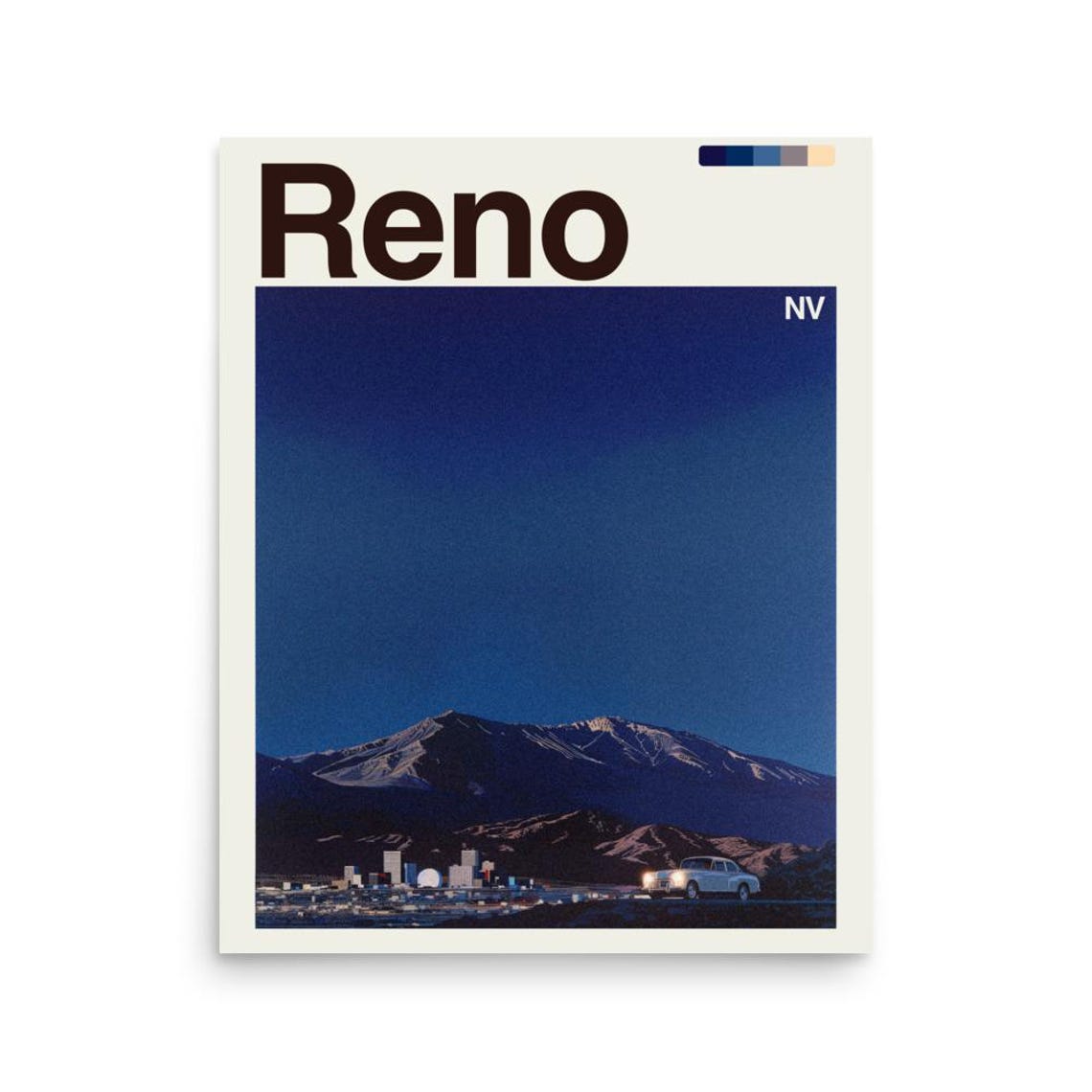 Reno Nevada Night Desert Mountains Classic Car Travel Poster