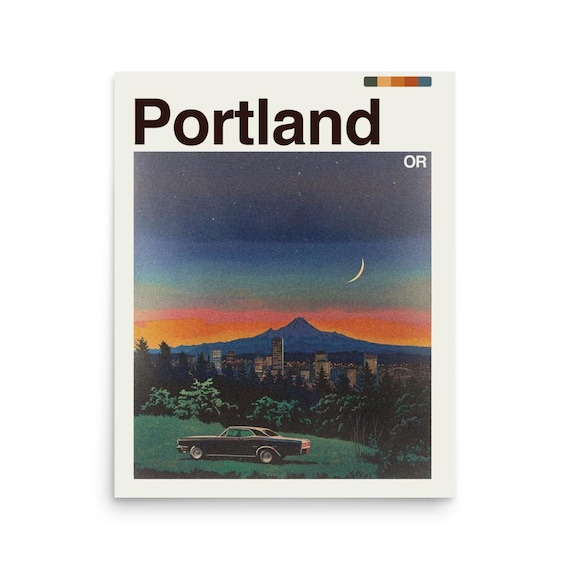 Portland OR Twilight Skyline with Mt. Hood and Classic Car Poster