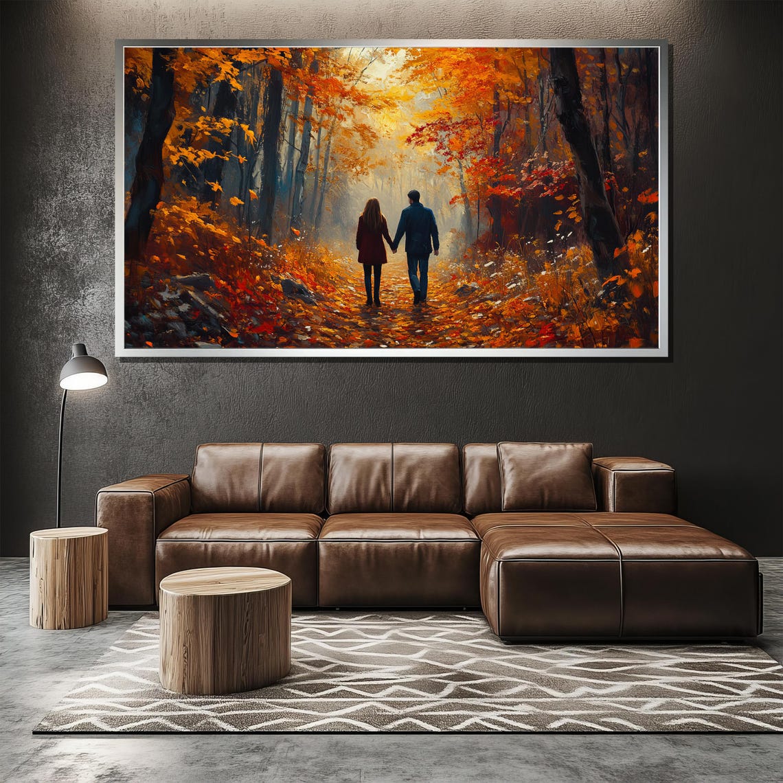 Couple Walking Golden Autumn Forest Path Fall Romance Art Poster - Image 2