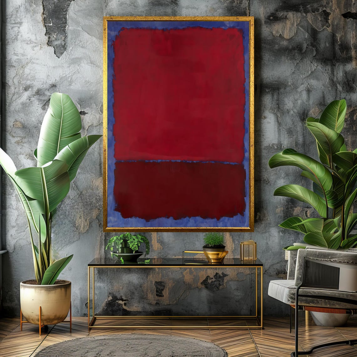 Rich Red Burgundy Over Blue Abstract Color-Field Decor Poster - Image 4