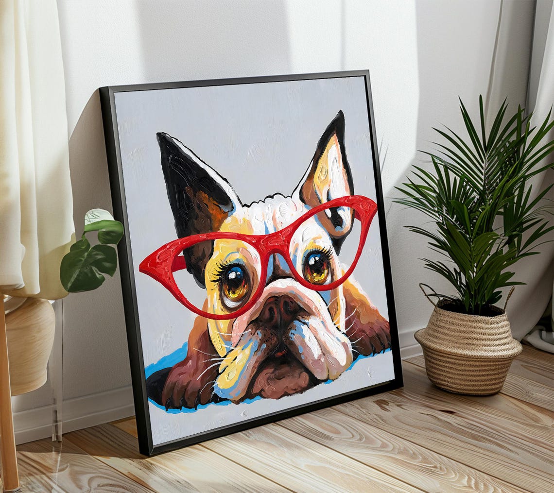 Funny Bulldog Puppy Wearing Red Glasses Cute Pet Humor Poster
