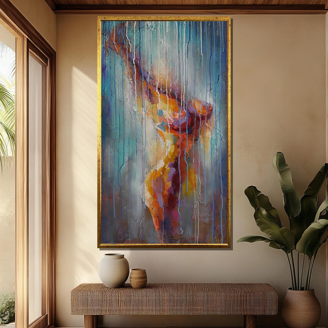 Abstract Female Figure in Dripping Paint Teal Orange Art Poster - Image 4