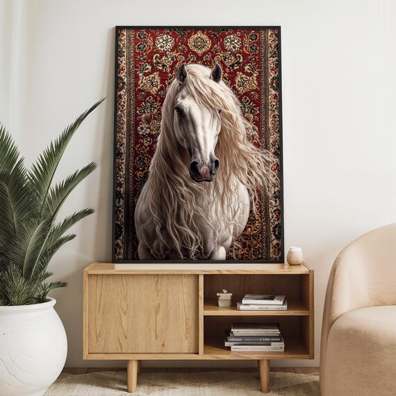 Majestic White Horse Painting With Ornate Red Rug Design Elegant Wall Art Gift For Horse Lovers And Luxury Dcor