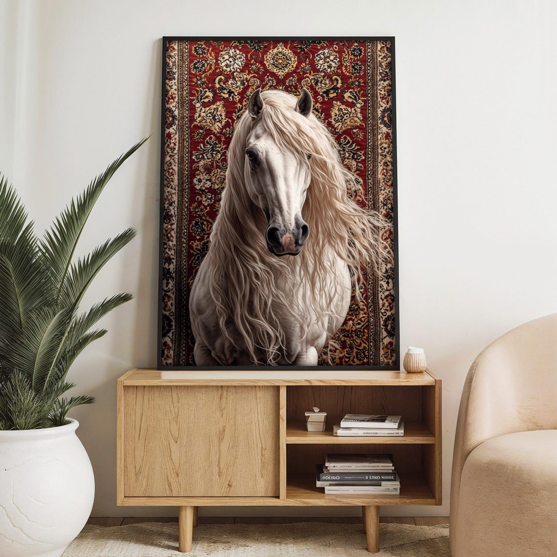 White Horse with a Long Flowing Mane on a Red Oriental Rug Poster
