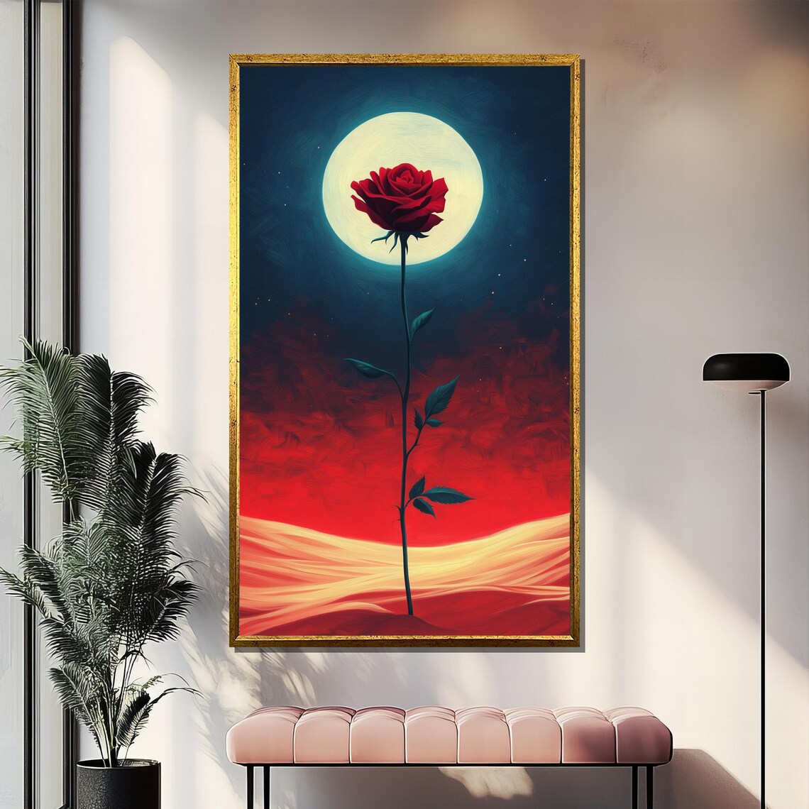 Single Red Rose Against Full Moon Night Desert Surreal Art Poster