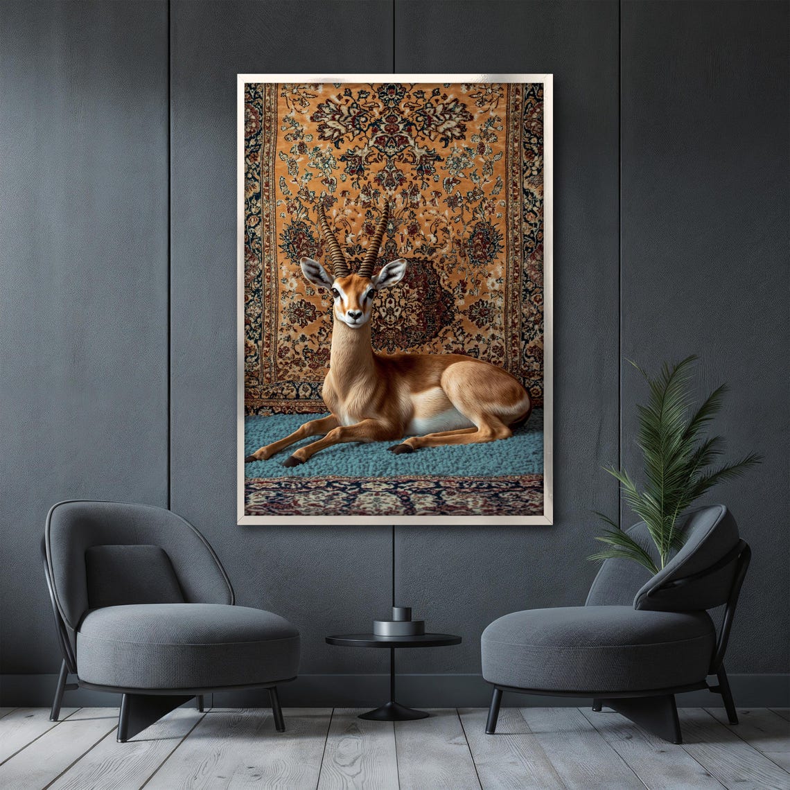 Gazelle Resting on a Teal Rug Beneath an Orange Backdrop Poster - Image 3