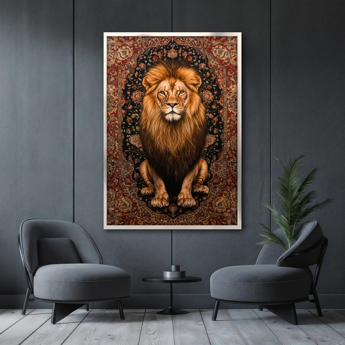 Lion Facing the Viewer Boldly on a Bright Red Oriental Rug Poster - Image 3
