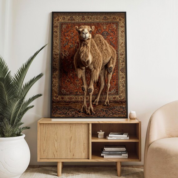Charming Camel Painting With Ornate Rug Design Unique Desert Themed Wall Art Gift For Nature Enthusiasts And Luxury Dcor