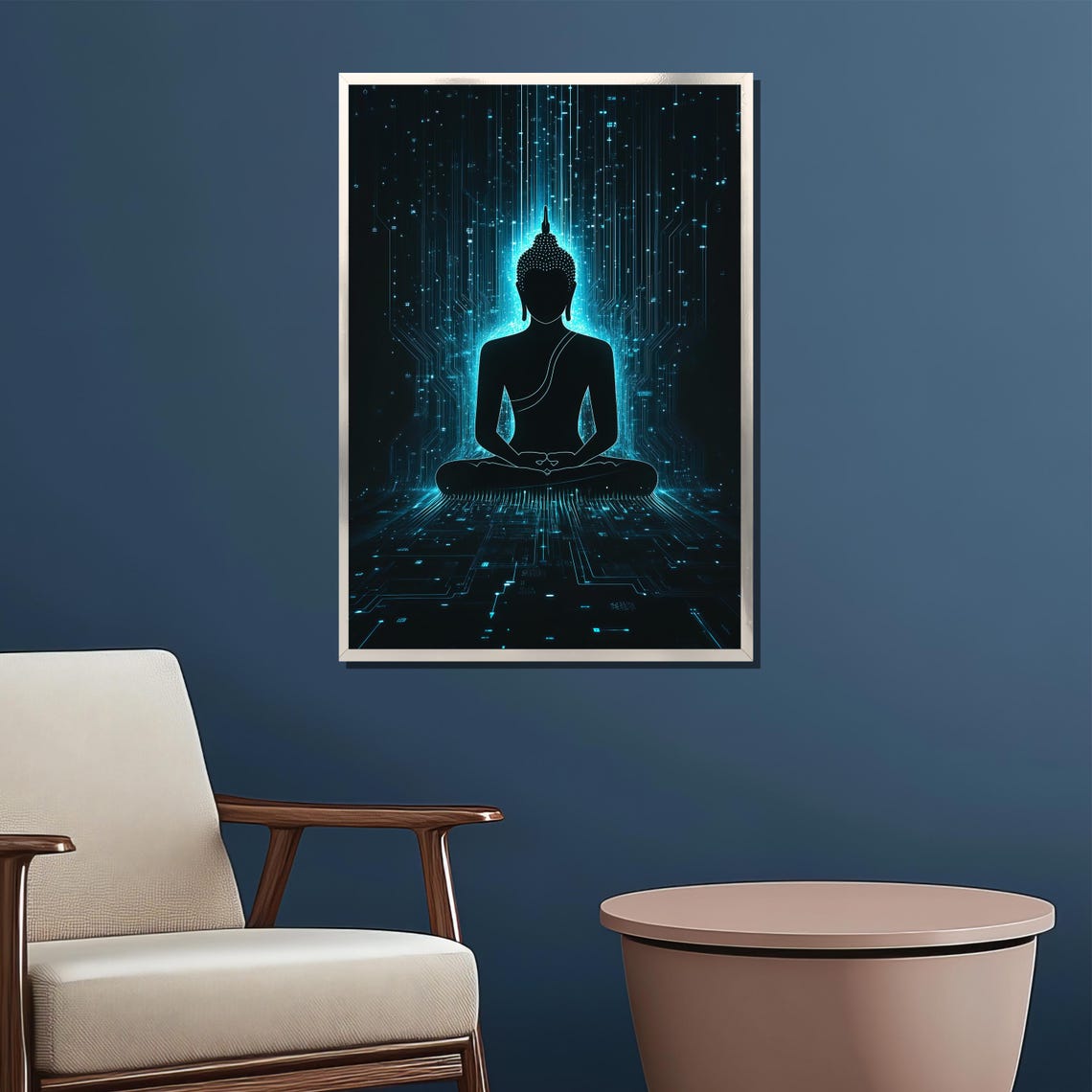 Futuristic Cyber Buddha Teal Circuit Glow Neon Abstract Art Poster - Image 2