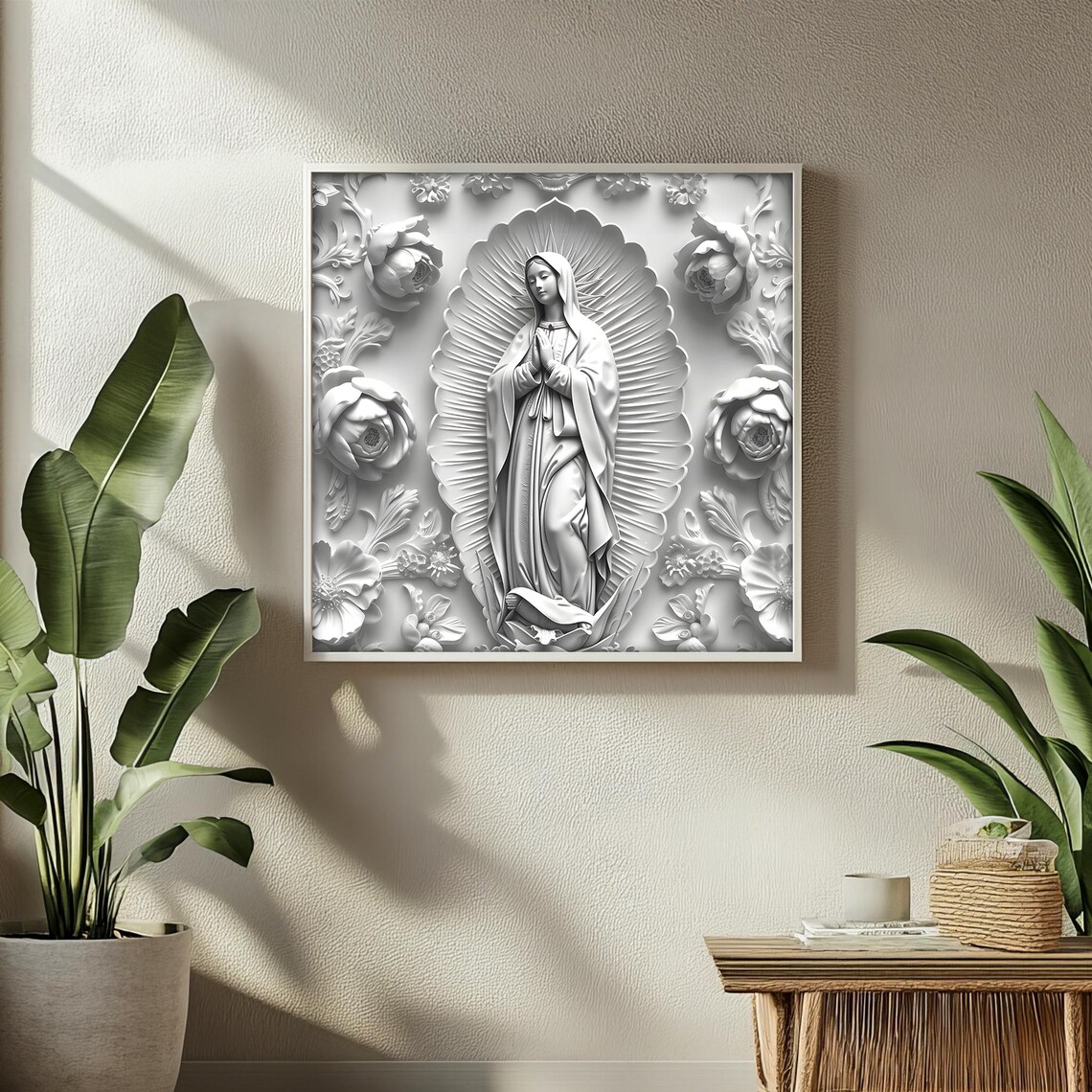 Our Lady of Guadalupe Sculptural Monochrome Relief Poster For Prayer Room - Image 2