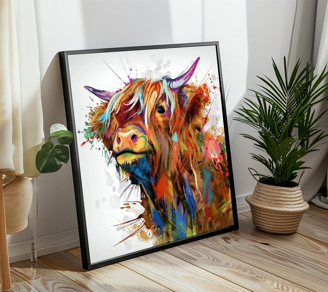 Vibrant Abstract Highland Cow Head Splash Art Painting Style Poster