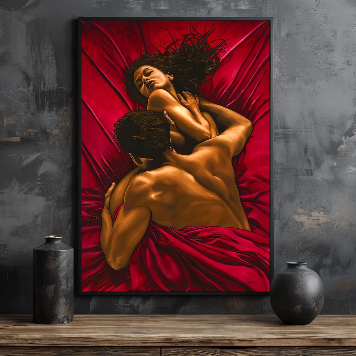 Passionate Lovers Embrace In Red Sheets Sensual Romance Poster - Image 2