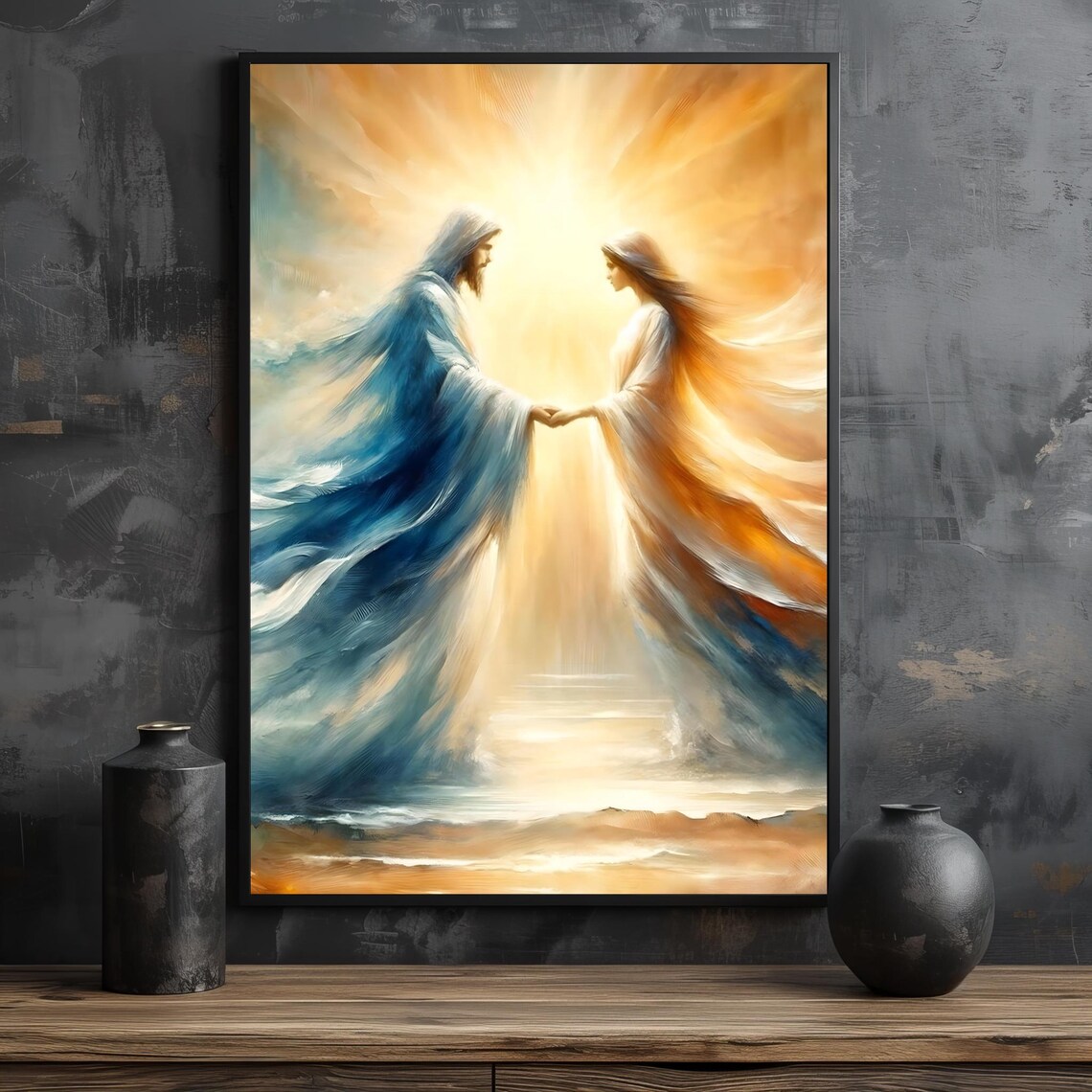 Heavenly Union Two Radiant Figures Holding Hands In Golden Light Poster - Image 2