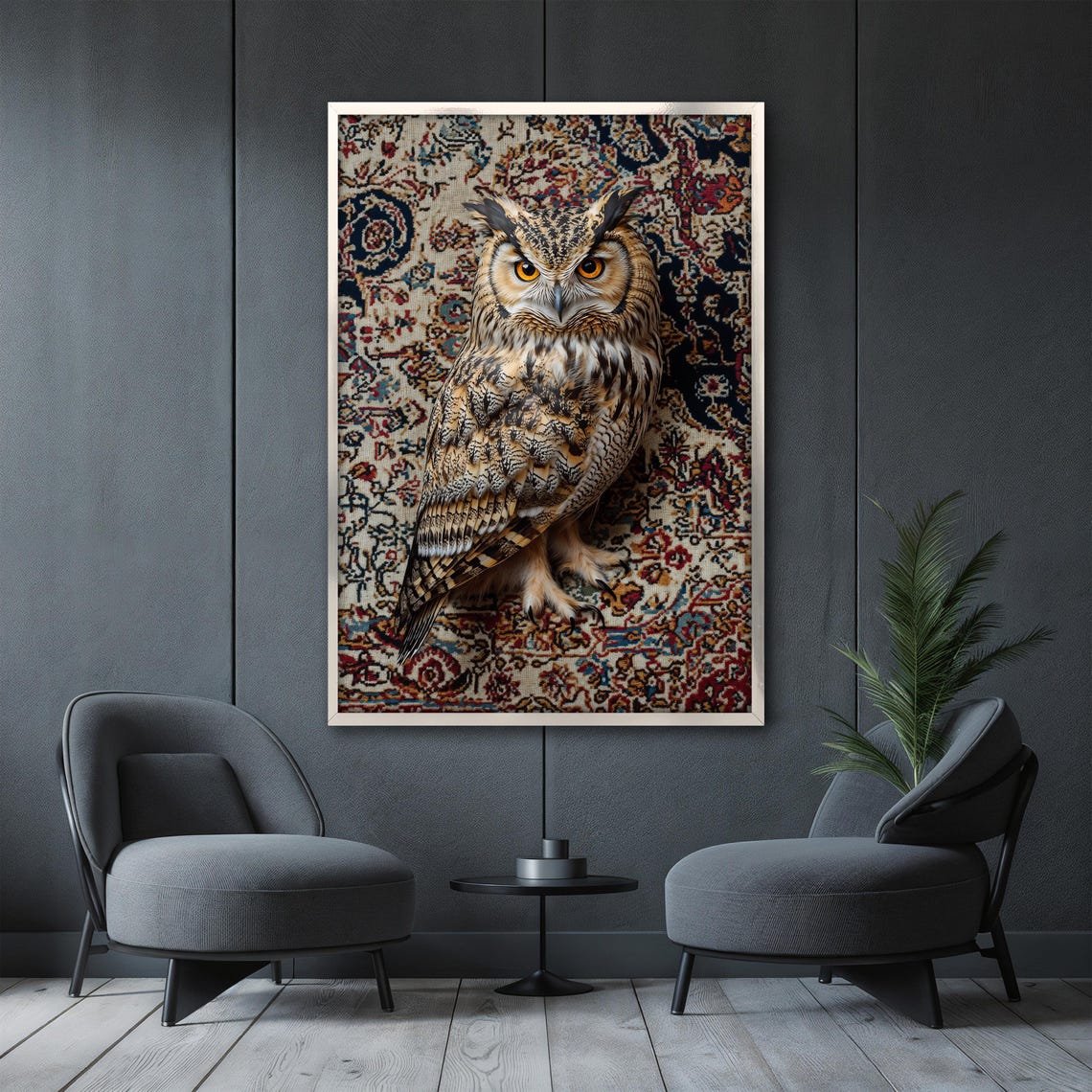 Great Horned Owl Perched Alertly on an Ornate Patterned Rug Poster - Image 3