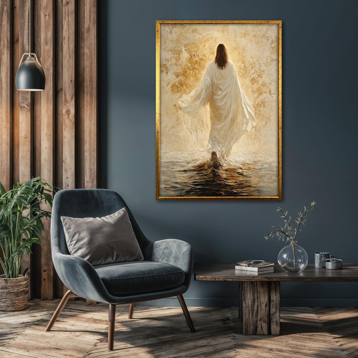 Jesus Walking on Water Seen from Behind in Warm Golden Light Poster - Image 4