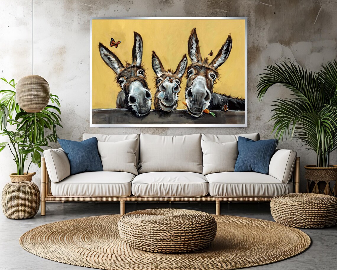 Three Playful Donkeys With Butterflies Funny Farm Animal Poster - Image 3