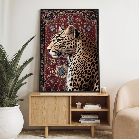 Elegant Leopard Painting With Ornate Red Rug Design Exotic Wildlife Wall Art Gift For Nature Lovers And Luxury Dcor