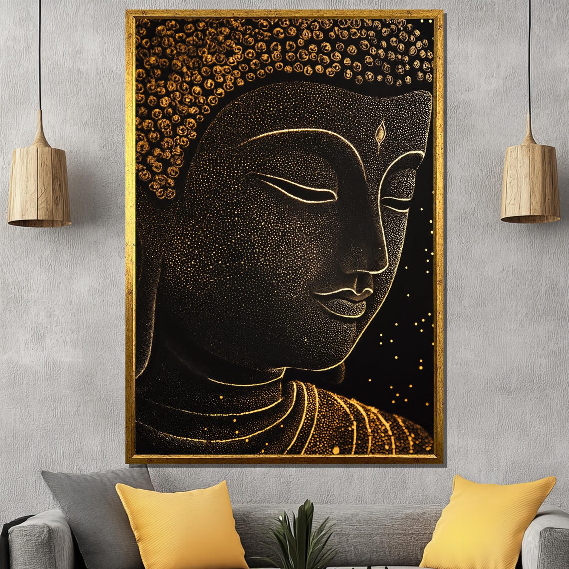 Golden Dotted Buddha Face On Black Luxe Spiritual Decor Poster