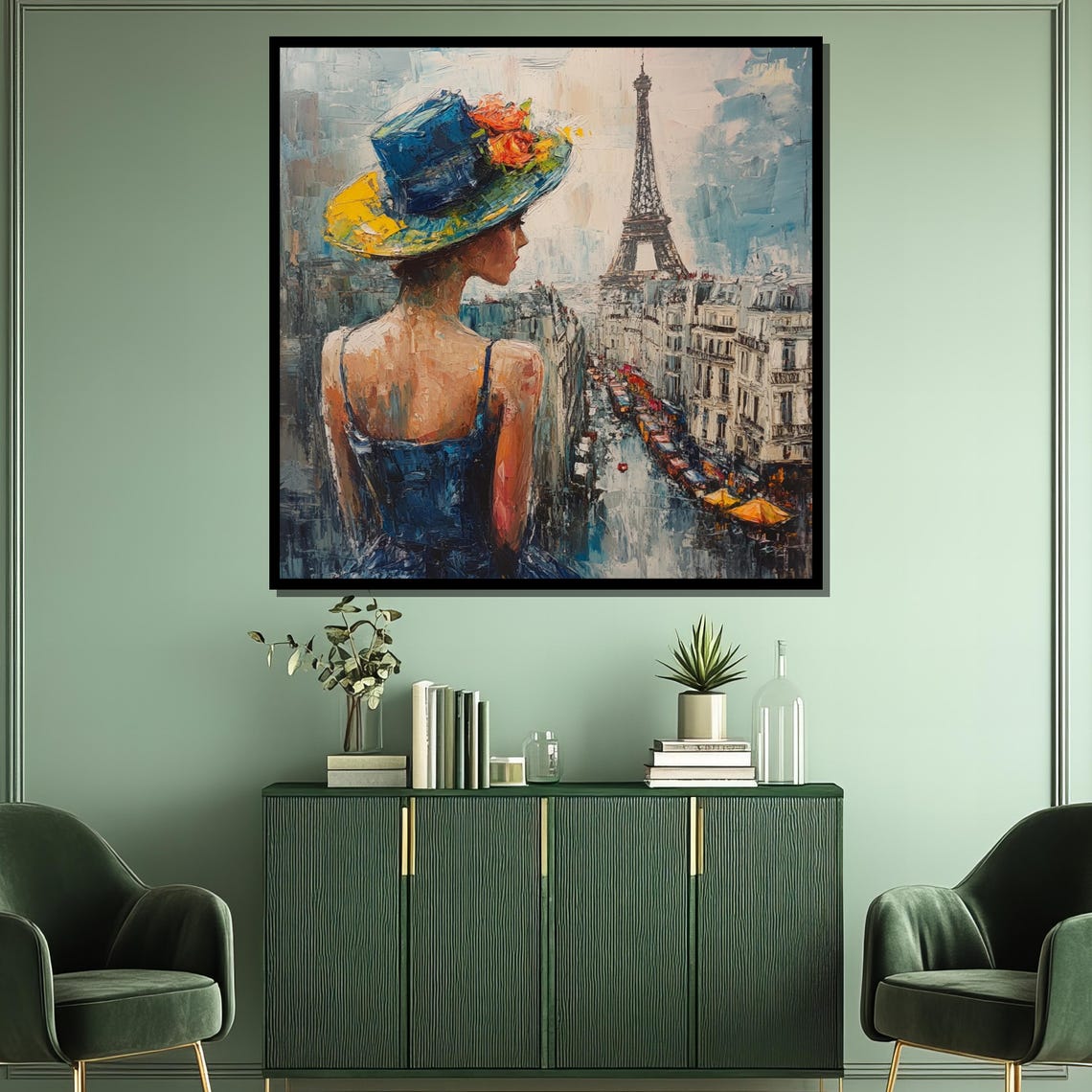Parisian Woman in Blue Hat Overlooking Eiffel Tower Art Poster - Image 3