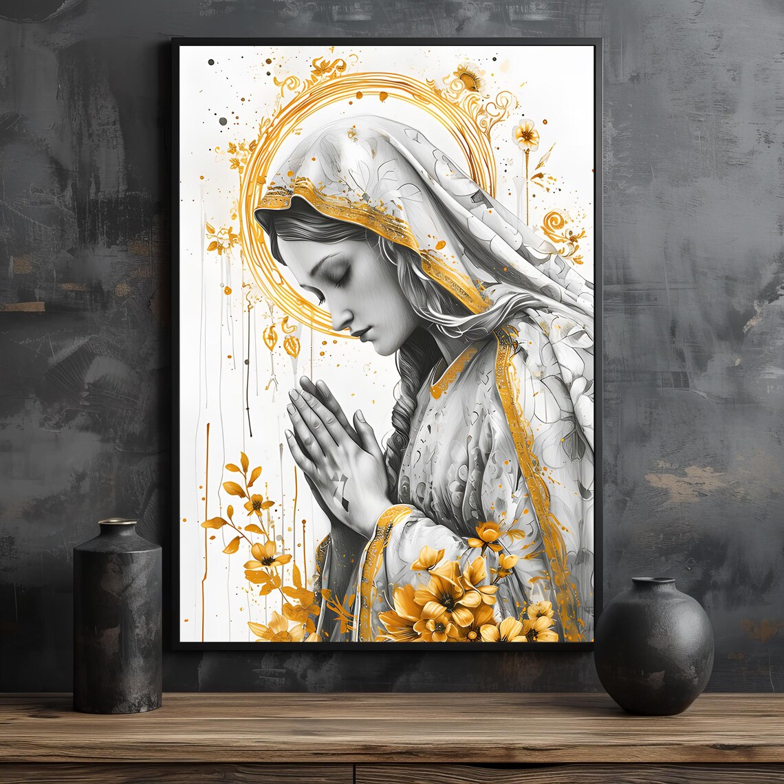 Praying Virgin Mary With Golden Halo And Floral Accents Poster - Image 2