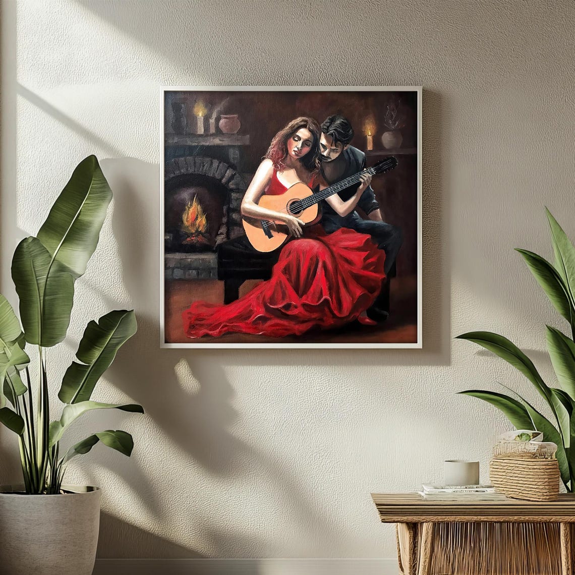 Romantic Couple Guitar by Fireplace Red Dress Night Art Poster - Image 2