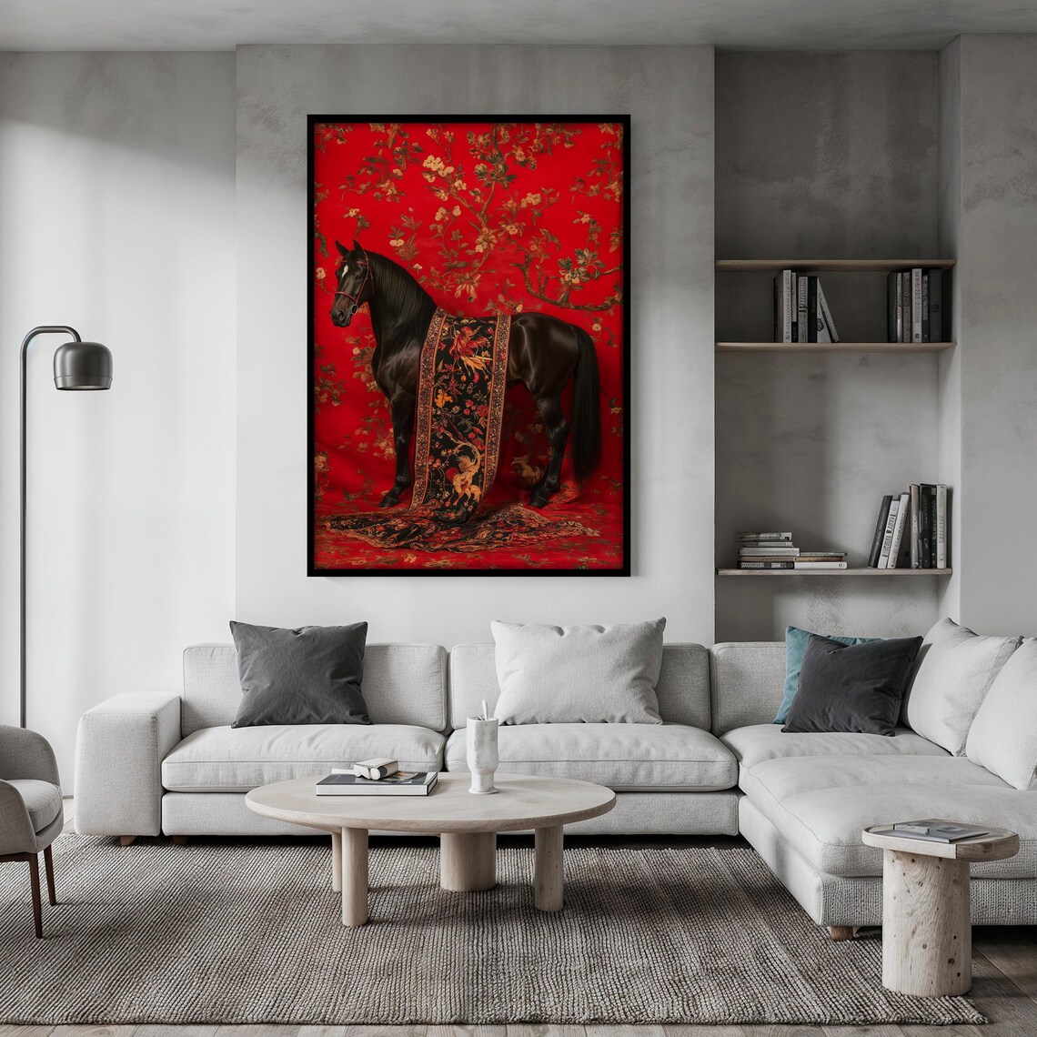 Black Horse Wearing an Embroidered Blanket on Red Floral Poster - Image 2