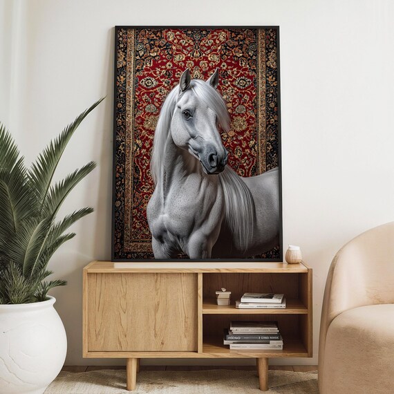 Elegant White Horse Painting With Oriental Rug Design Luxury Wall Art Gift For Horse Lovers And Home Dcor Enthusiasts