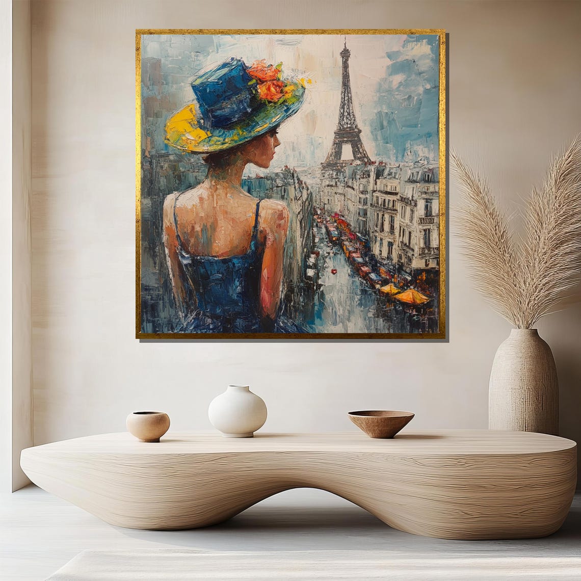 Parisian Woman in Blue Hat Overlooking Eiffel Tower Art Poster
