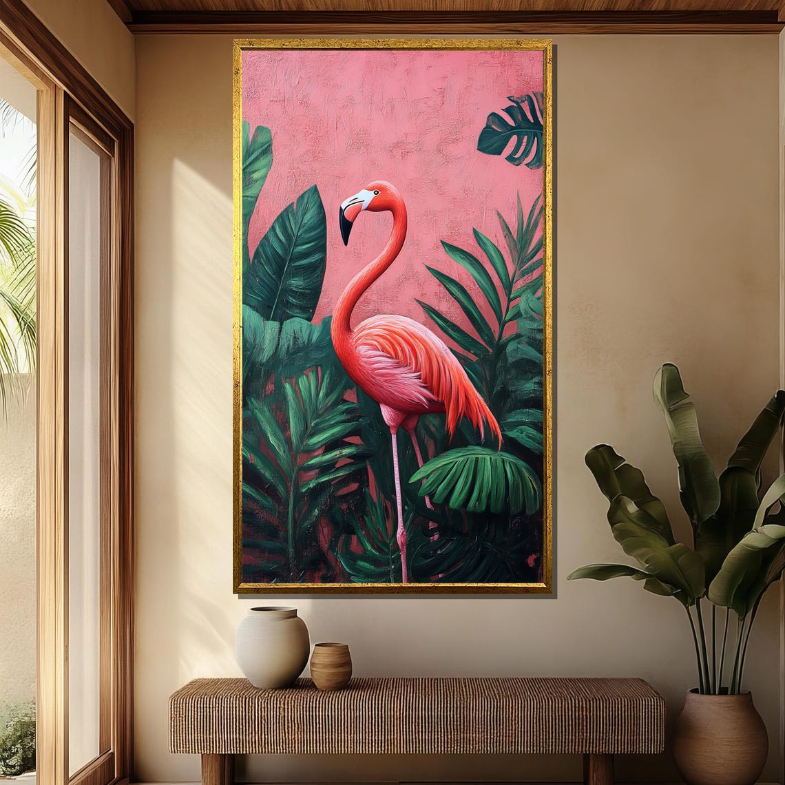 Pink Flamingo Among Tropical Palm Leaves Statement Art Poster - Image 4